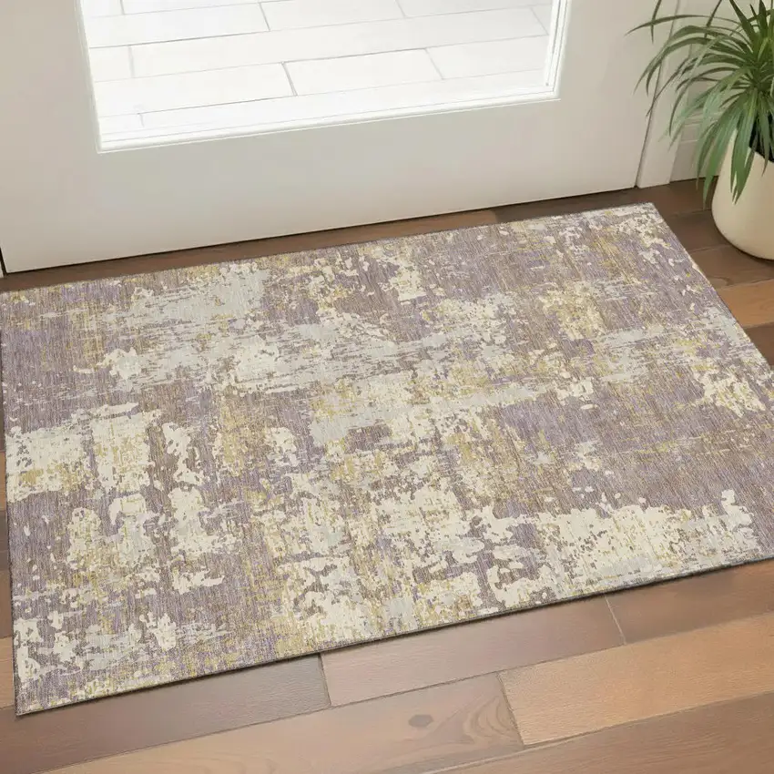 Lavender Gold And Ivory Abstract Washable Area Rug With UV Protection Photo 1