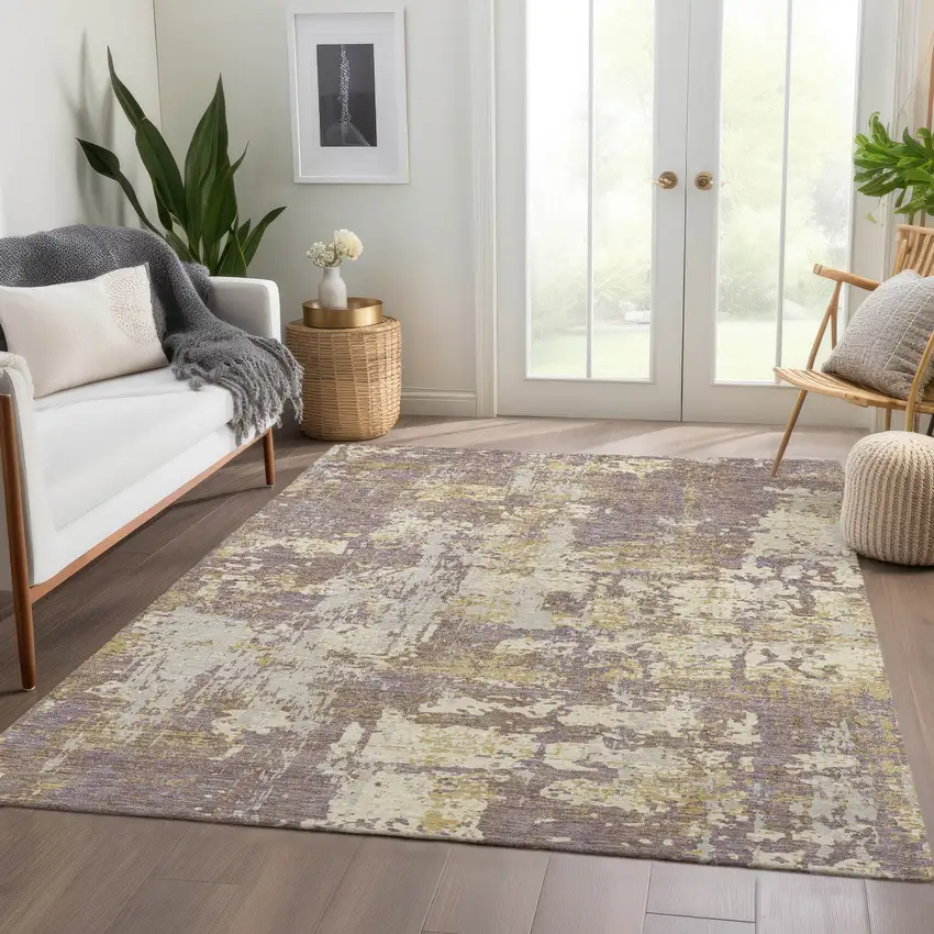 Lavender Gold And Ivory Abstract Washable Area Rug With UV Protection Photo 5