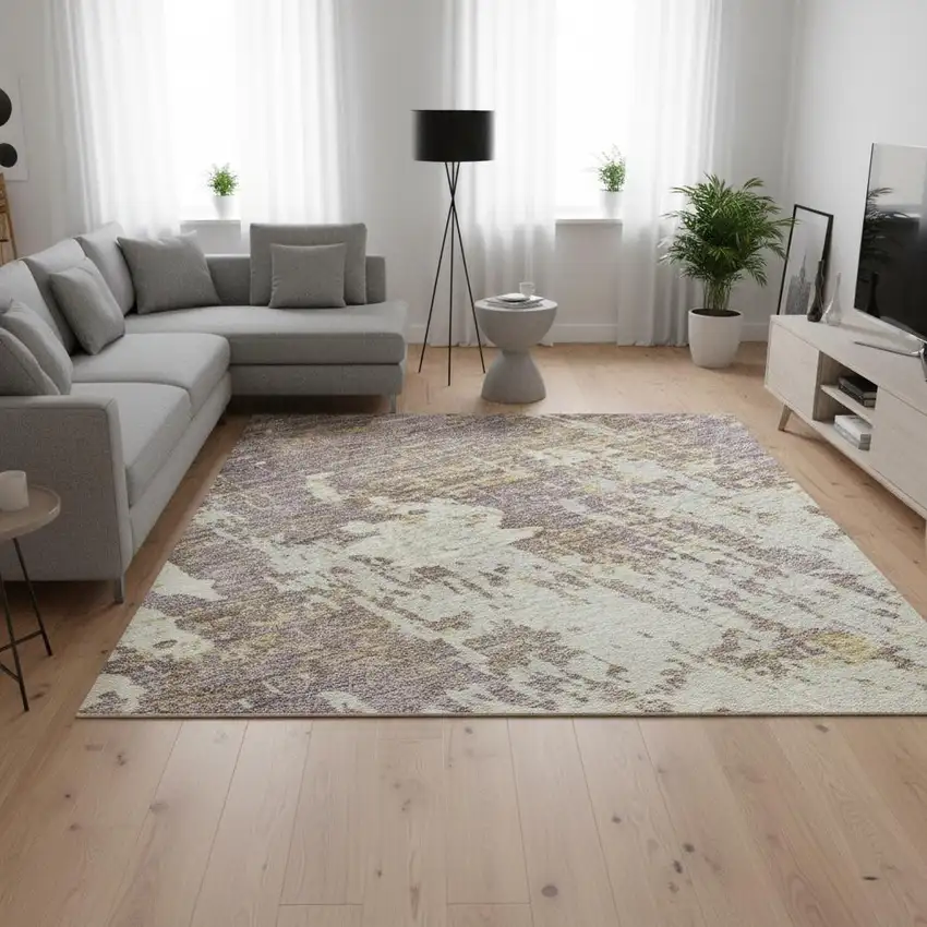 Lavender Gold And Ivory Abstract Washable Area Rug With UV Protection Photo 2