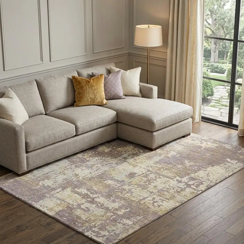 Lavender Gold And Ivory Abstract Washable Area Rug With UV Protection Photo 1