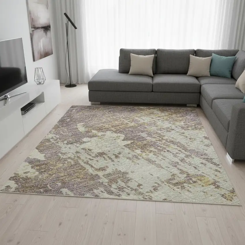 Lavender Gold And Ivory Abstract Washable Area Rug With UV Protection Photo 2