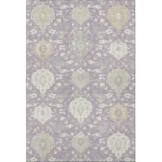 Lavender Gold And Ivory Damask Washable Area Rug With UV Protection Photo 3