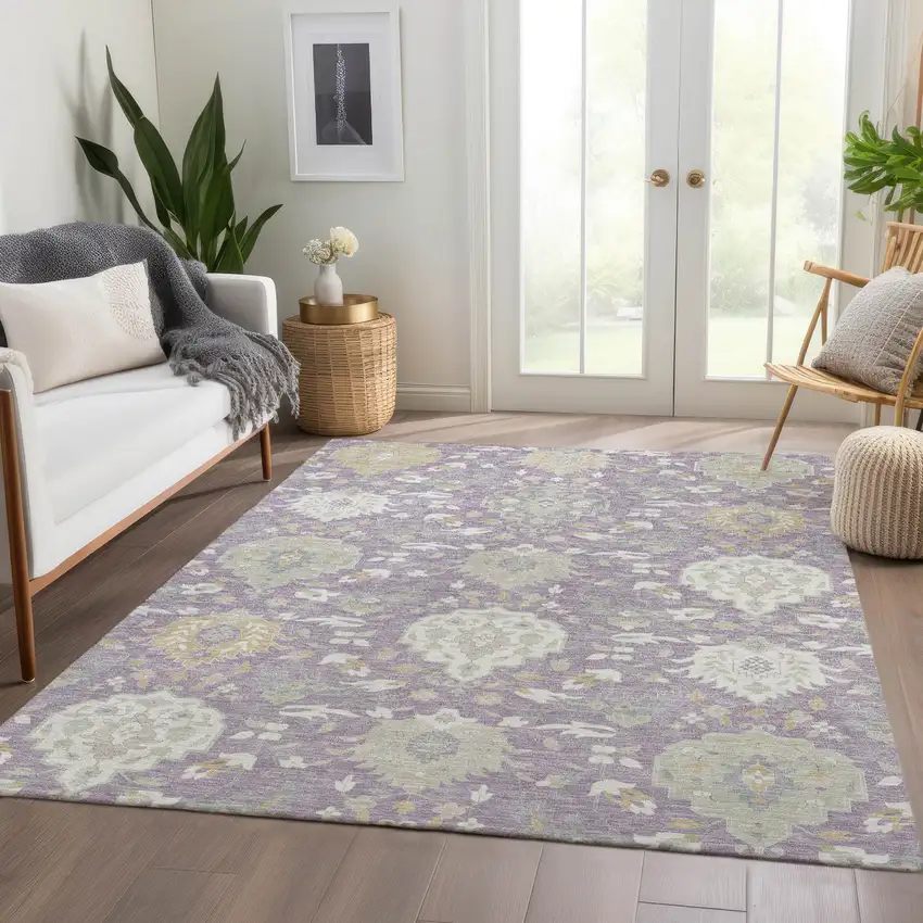 Lavender Gold And Ivory Damask Washable Area Rug With UV Protection Photo 5