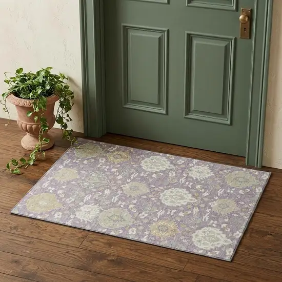 Lavender Gold And Ivory Damask Washable Area Rug With UV Protection Photo 1