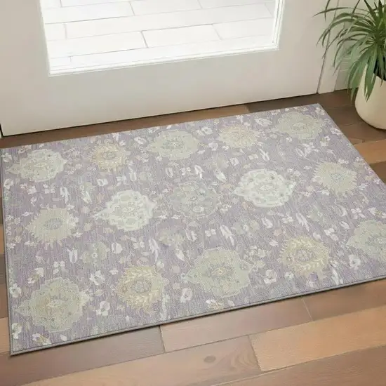Lavender Gold And Ivory Damask Washable Area Rug With UV Protection Photo 2