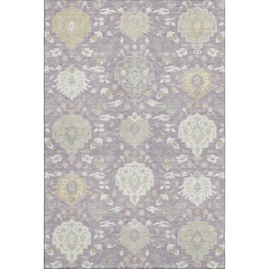 Lavender Gold And Ivory Damask Washable Area Rug With UV Protection Photo 1