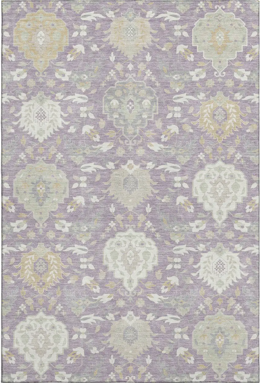 Lavender Gold And Ivory Damask Washable Area Rug With UV Protection Photo 1
