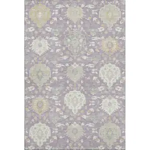 Photo of Lavender Gold And Ivory Damask Washable Area Rug With UV Protection