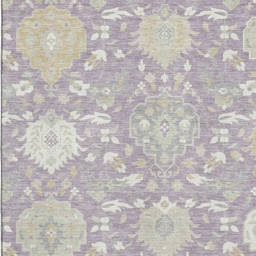 Lavender Gold And Ivory Damask Washable Area Rug With UV Protection Photo 2