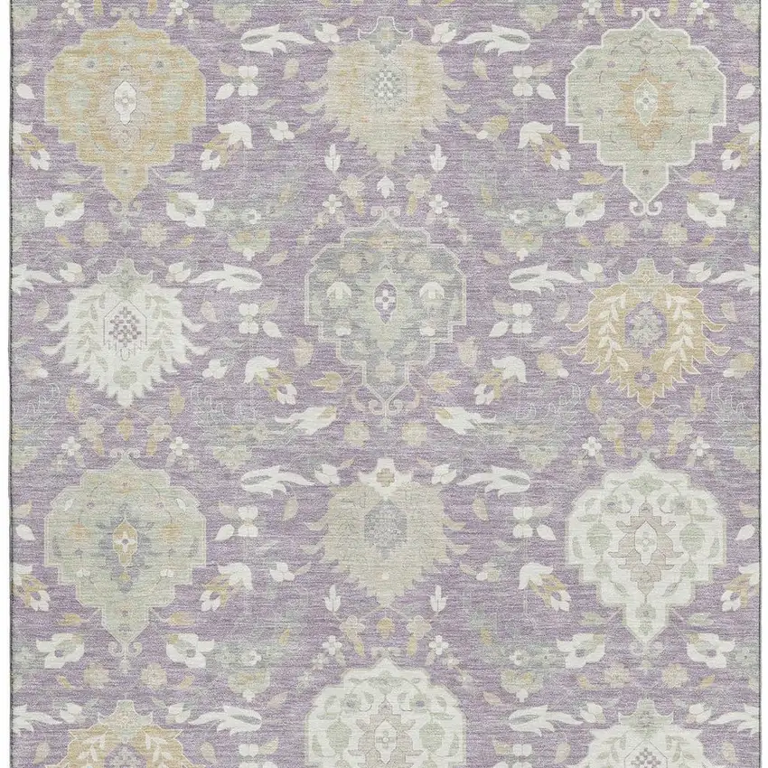 Lavender Gold And Ivory Damask Washable Area Rug With UV Protection Photo 2