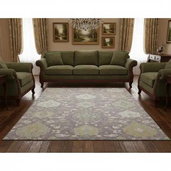 Lavender Gold And Ivory Damask Washable Area Rug With UV Protection Photo 2