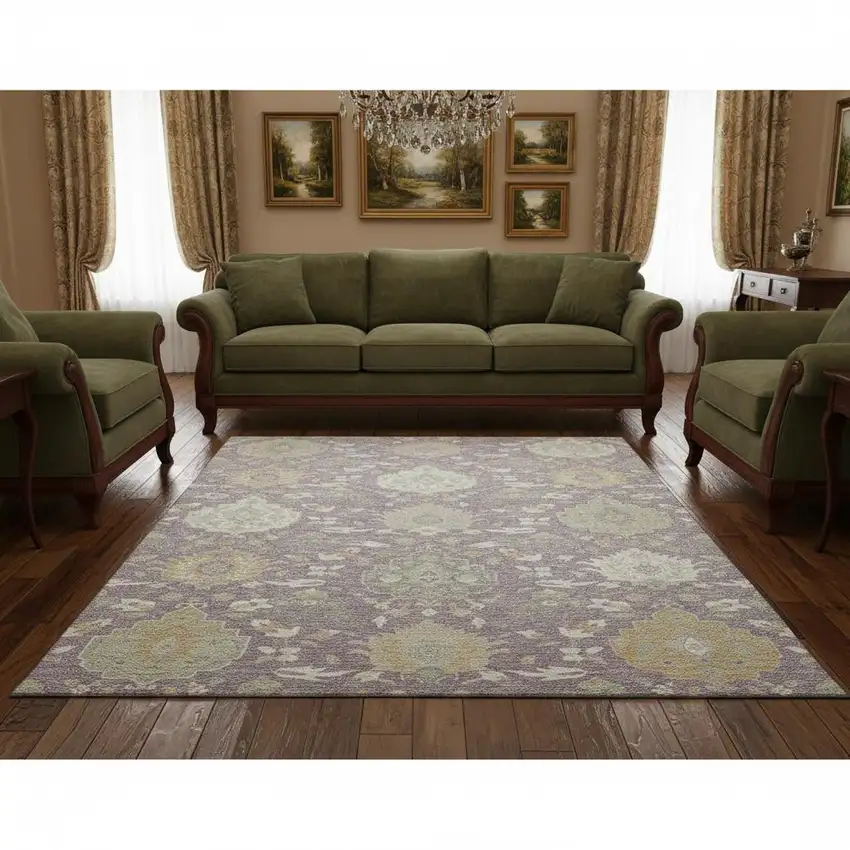 Lavender Gold And Ivory Damask Washable Area Rug With UV Protection Photo 2