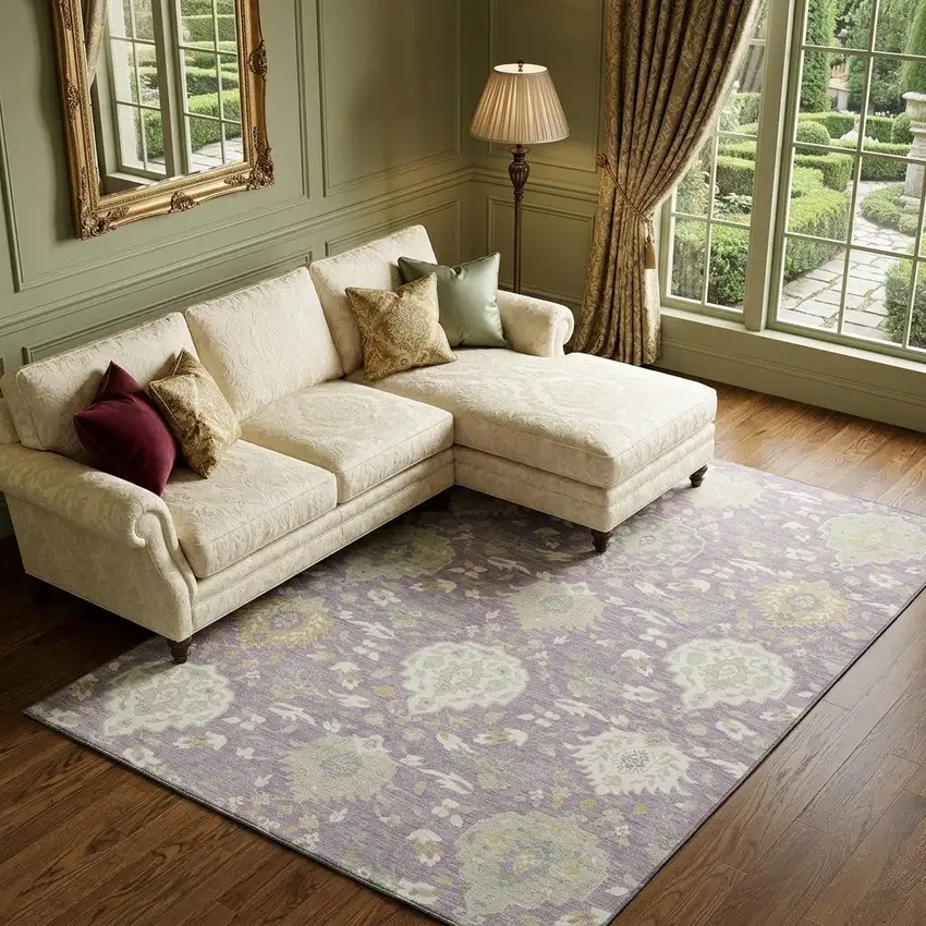 Lavender Gold And Ivory Damask Washable Area Rug With UV Protection Photo 1