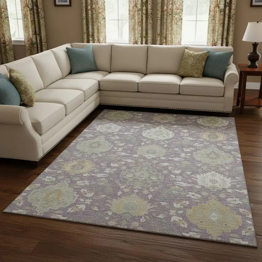 Lavender Gold And Ivory Damask Washable Area Rug With UV Protection Photo 2