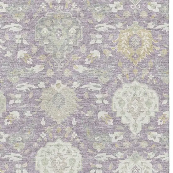 Lavender Gold And Ivory Damask Washable Area Rug With UV Protection Photo 2