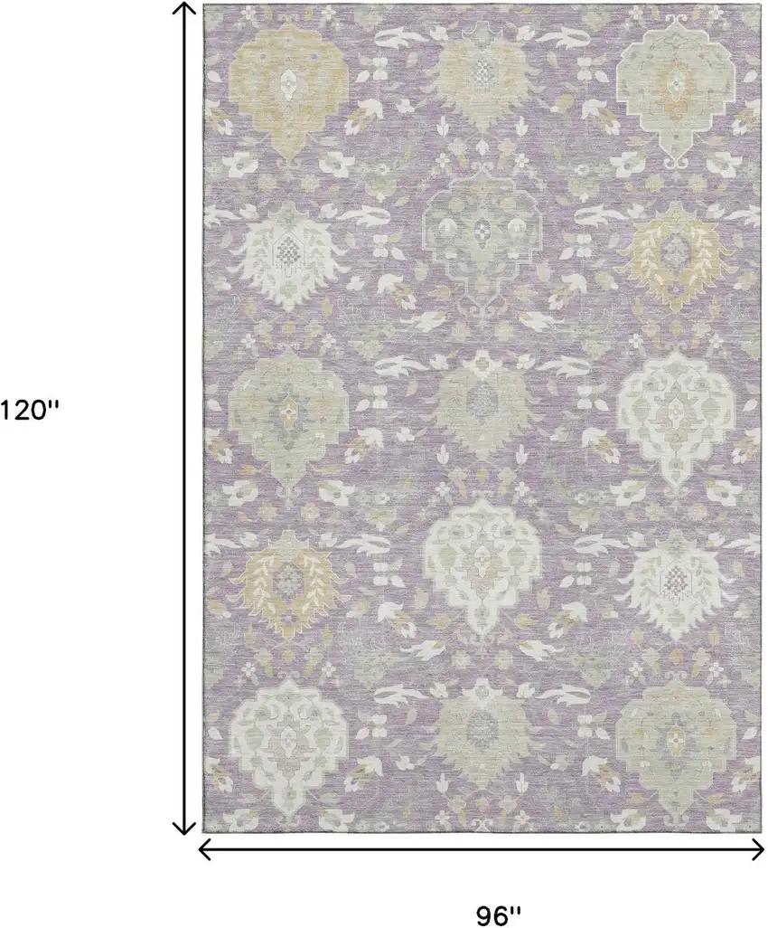 Lavender Gold And Ivory Damask Washable Area Rug With UV Protection Photo 8