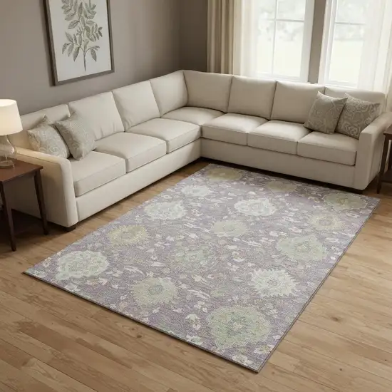 Lavender Gold And Ivory Damask Washable Area Rug With UV Protection Photo 2