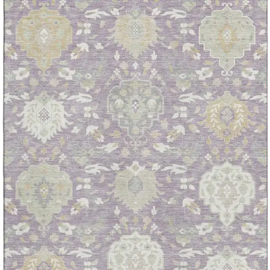 Lavender Gold And Ivory Damask Washable Area Rug With UV Protection Photo 2