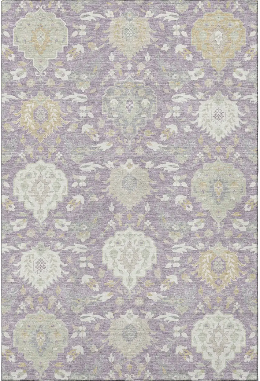 Lavender Gold And Ivory Damask Washable Area Rug With UV Protection Photo 3