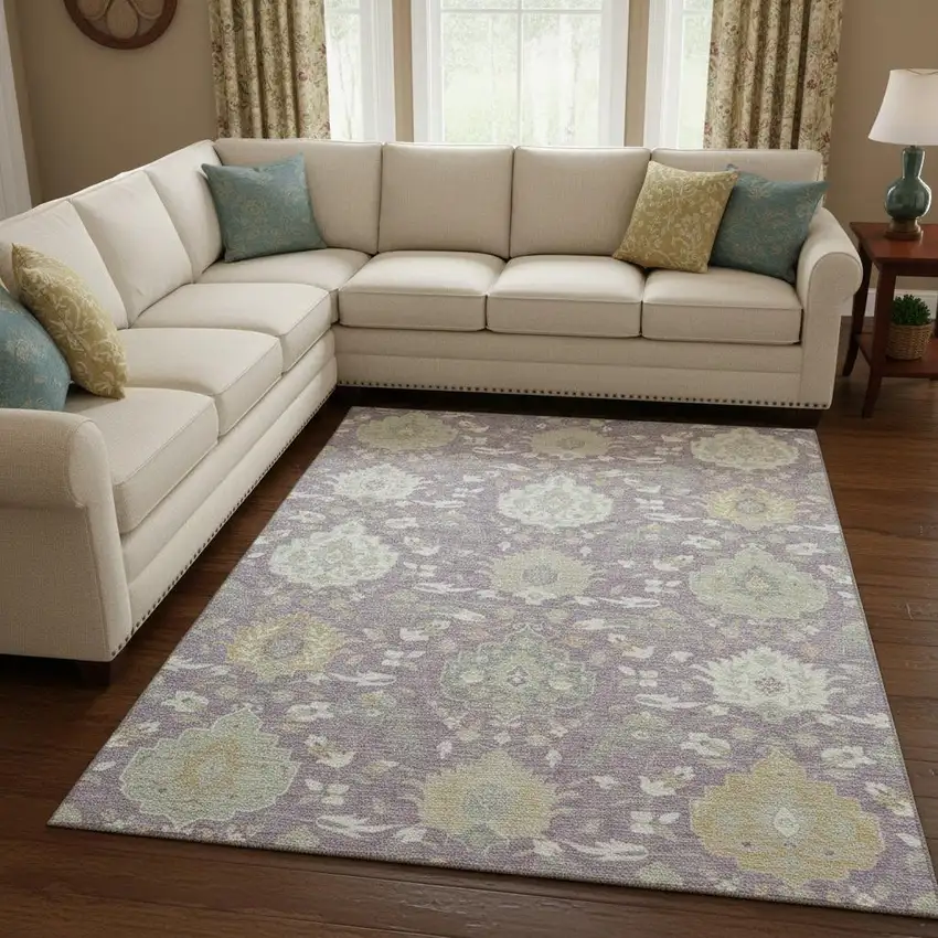 Lavender Gold And Ivory Damask Washable Area Rug With UV Protection Photo 2