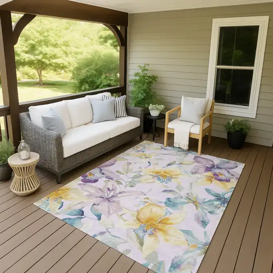 Lavender Gold And Ivory Floral Washable Indoor Outdoor Area Rug Photo 8