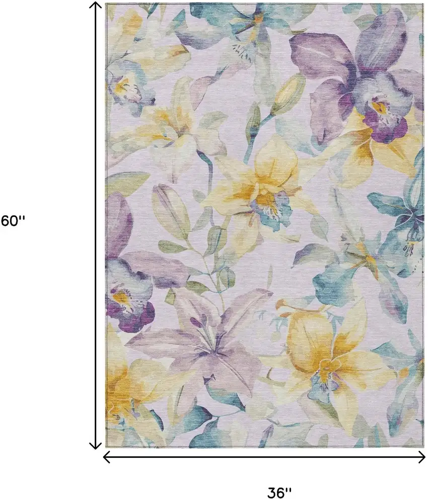 Lavender Gold And Ivory Floral Washable Indoor Outdoor Area Rug Photo 3