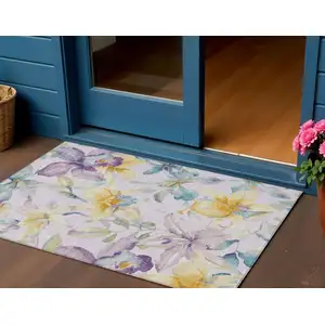 Photo of Lavender Gold And Ivory Floral Washable Indoor Outdoor Area Rug