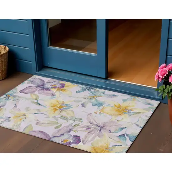 Lavender Gold And Ivory Floral Washable Indoor Outdoor Area Rug Photo 1