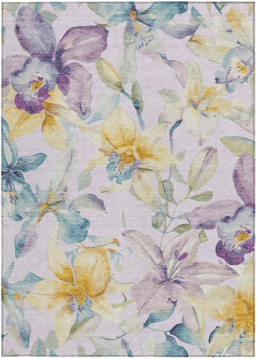 Lavender Gold And Ivory Floral Washable Indoor Outdoor Area Rug Photo 5