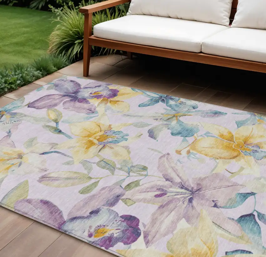Lavender Gold And Ivory Floral Washable Indoor Outdoor Area Rug Photo 1