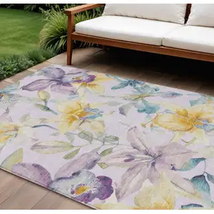 Photo of Lavender Gold And Ivory Floral Washable Indoor Outdoor Area Rug