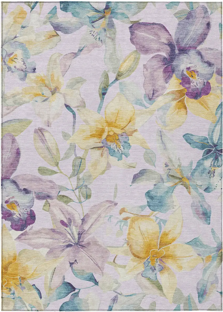 Lavender Gold And Ivory Floral Washable Indoor Outdoor Area Rug Photo 2