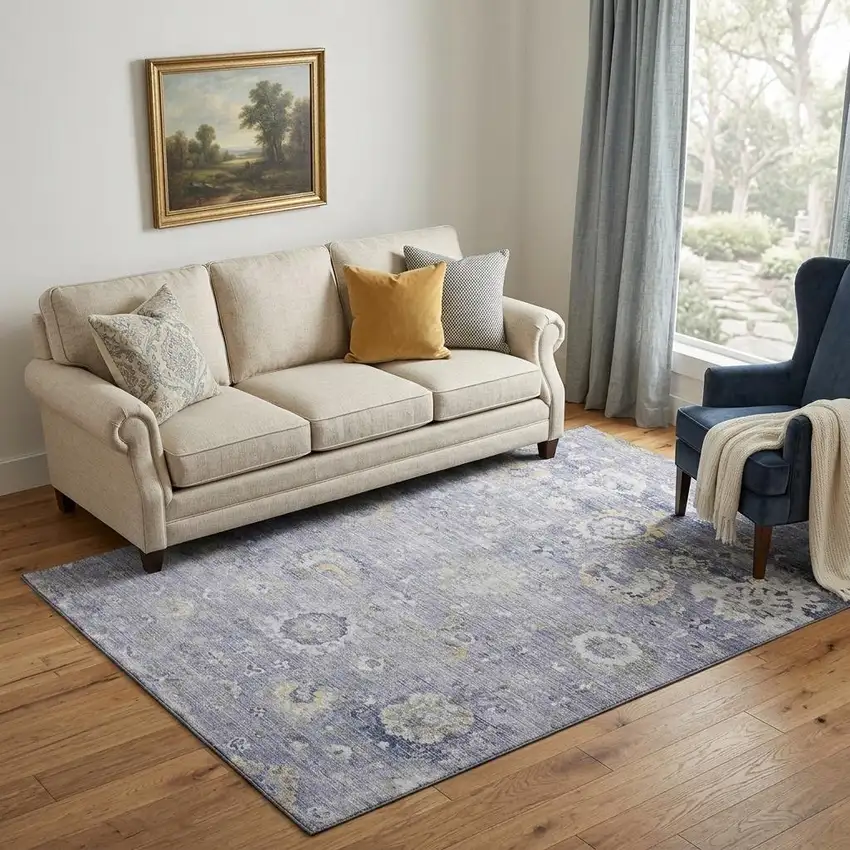 Lavender Gold And Ivory Oriental Washable Area Rug With UV Protection Photo 1