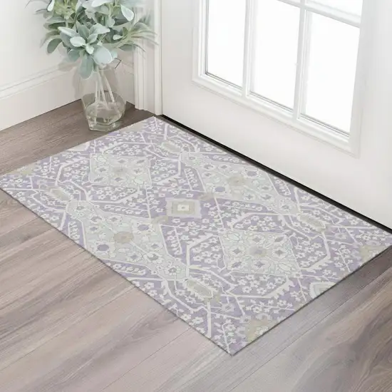 Lavender Gray And Beige Floral Washable Area Rug With UV Protection Photo 1