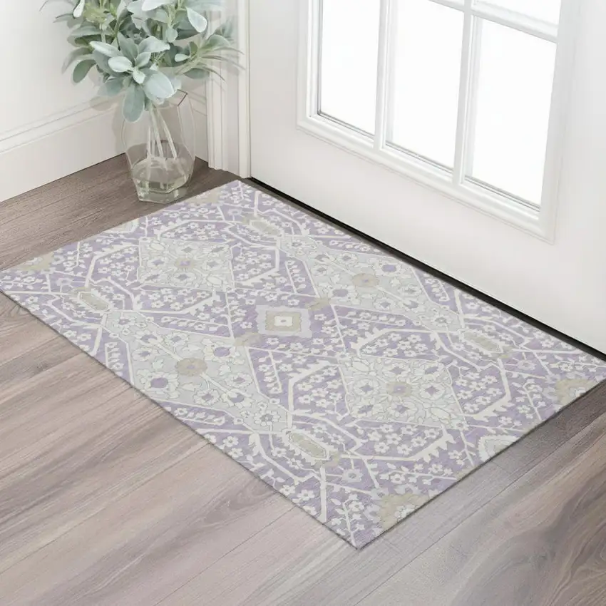 Lavender Gray And Beige Floral Washable Area Rug With UV Protection Photo 1