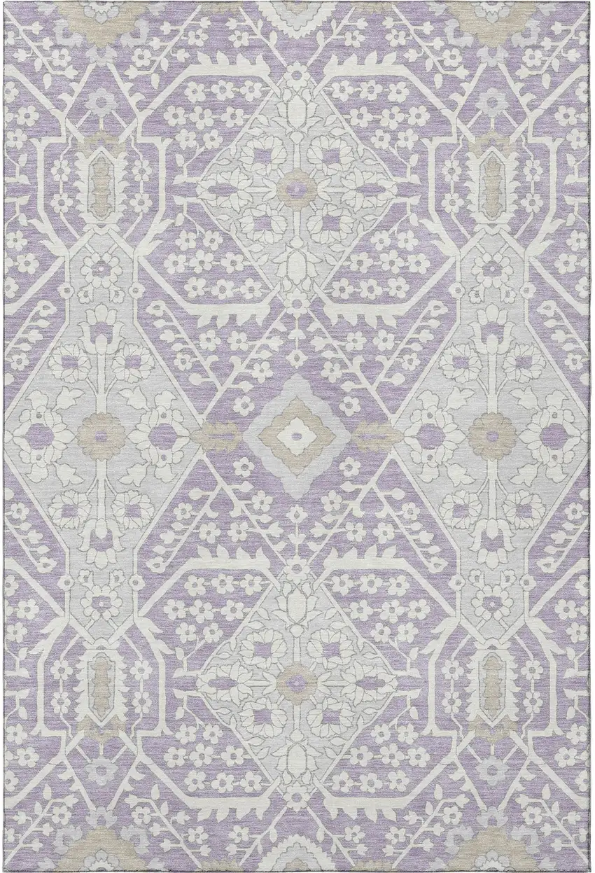 Lavender Gray And Beige Floral Washable Area Rug With UV Protection Photo 5