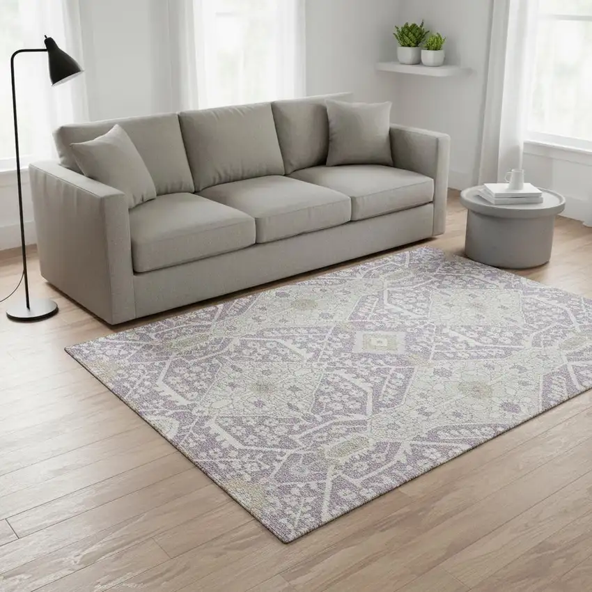 Lavender Gray And Beige Floral Washable Area Rug With UV Protection Photo 1