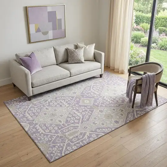Lavender Gray And Beige Floral Washable Area Rug With UV Protection Photo 1