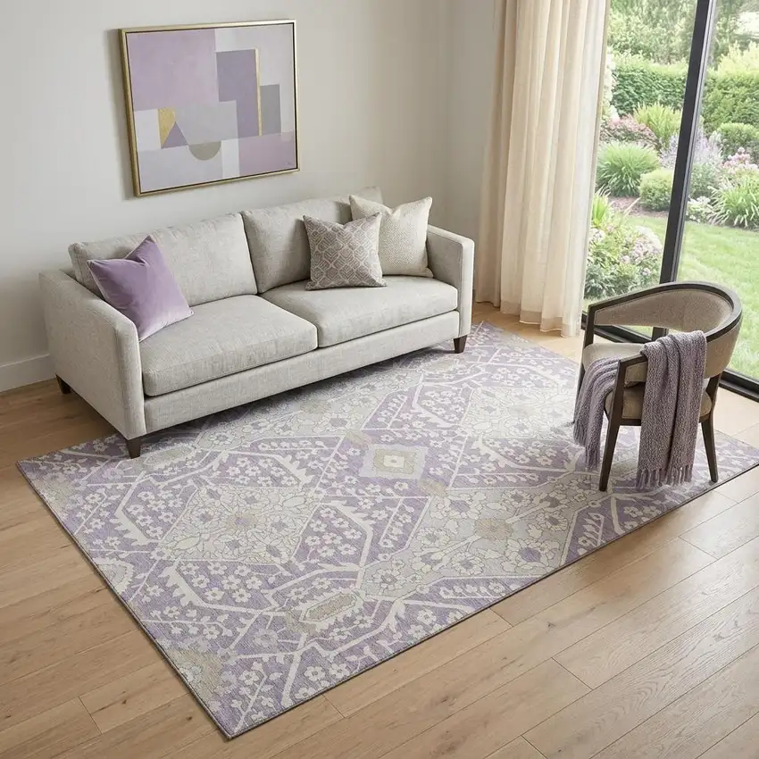 Lavender Gray And Beige Floral Washable Area Rug With UV Protection Photo 1