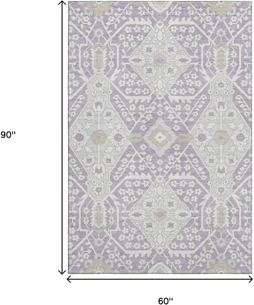 Lavender Gray And Beige Floral Washable Area Rug With UV Protection Photo 3