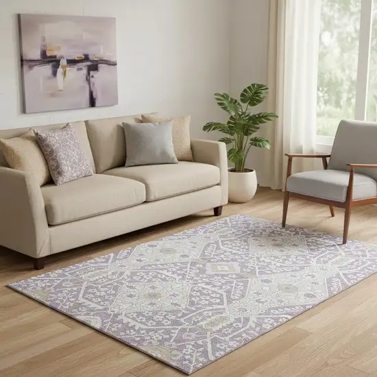 Lavender Gray And Beige Floral Washable Area Rug With UV Protection Photo 1