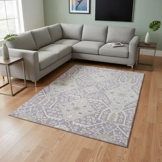 Lavender Gray And Beige Floral Washable Area Rug With UV Protection Photo 1