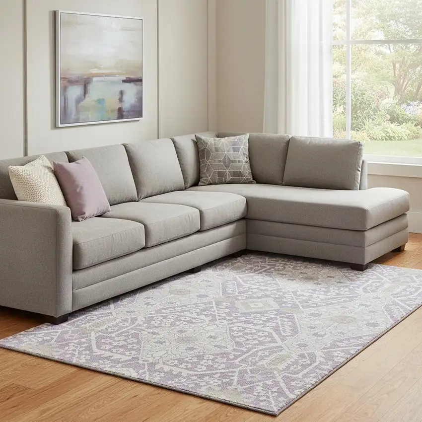 Lavender Gray And Beige Floral Washable Area Rug With UV Protection Photo 1