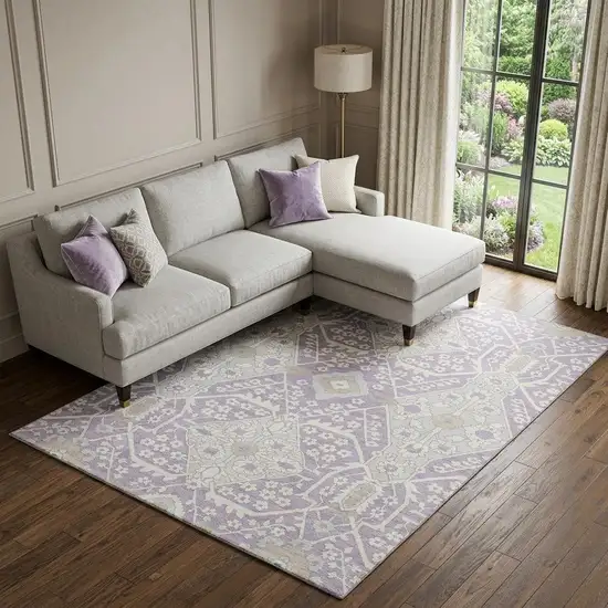 Lavender Gray And Beige Floral Washable Area Rug With UV Protection Photo 1