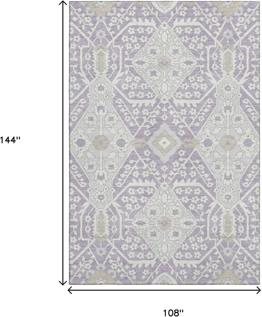 Lavender Gray And Beige Floral Washable Area Rug With UV Protection Photo 3
