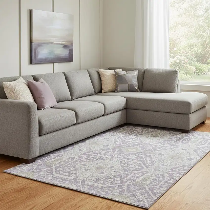 Lavender Gray And Beige Floral Washable Area Rug With UV Protection Photo 1