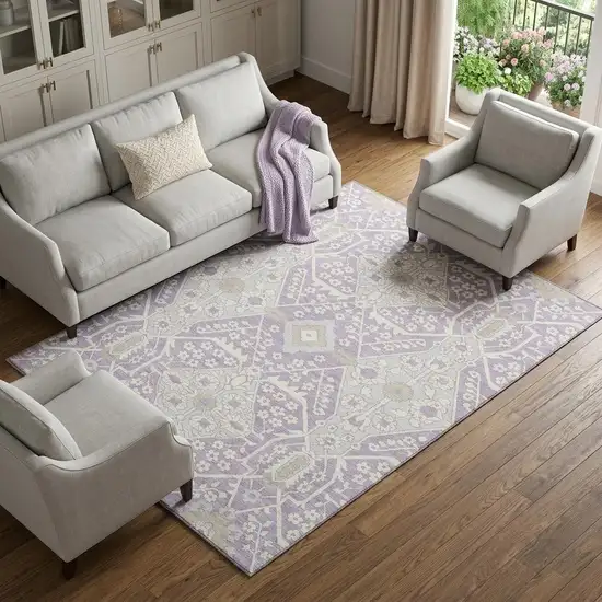 Lavender Gray And Beige Floral Washable Area Rug With UV Protection Photo 1