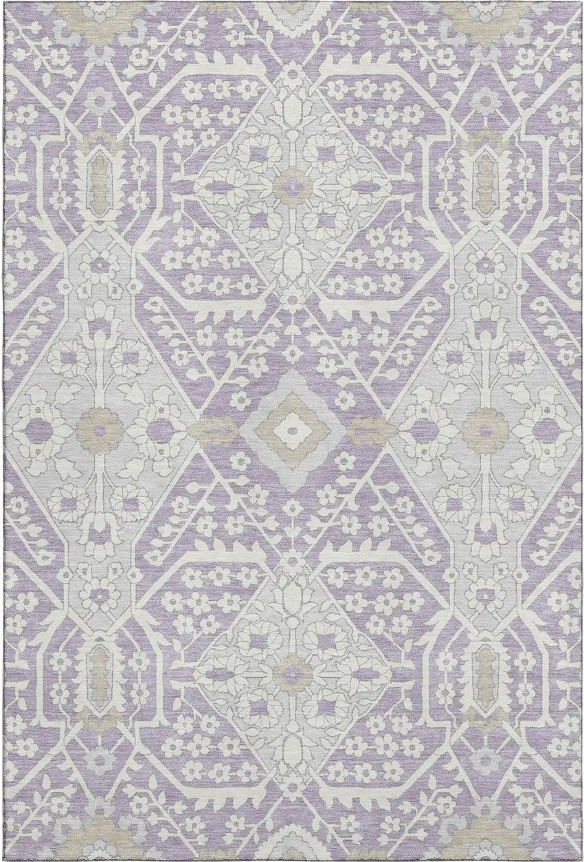 Lavender Gray And Beige Floral Washable Area Rug With UV Protection Photo 2