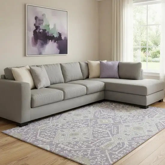 Lavender Gray And Beige Floral Washable Area Rug With UV Protection Photo 1