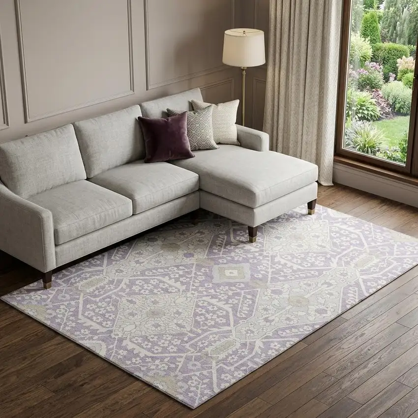 Lavender Gray And Beige Floral Washable Area Rug With UV Protection Photo 1